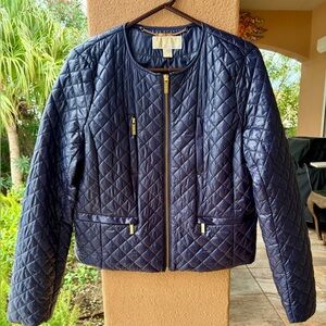 Classic Michael Kors Lightweight NAVY Jacket. Gold Zippers. SZ LARGE PETITE